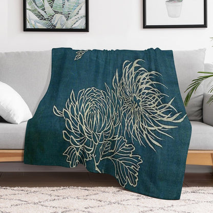 Japanese Textile Blue And White Lotus Flower Throw Blanket