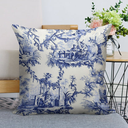 Blue Chinoiserie Toile Linen Throw Pillow Cover
