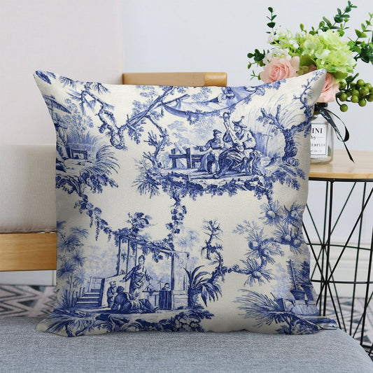 Blue Chinoiserie Toile Linen Throw Pillow Cover