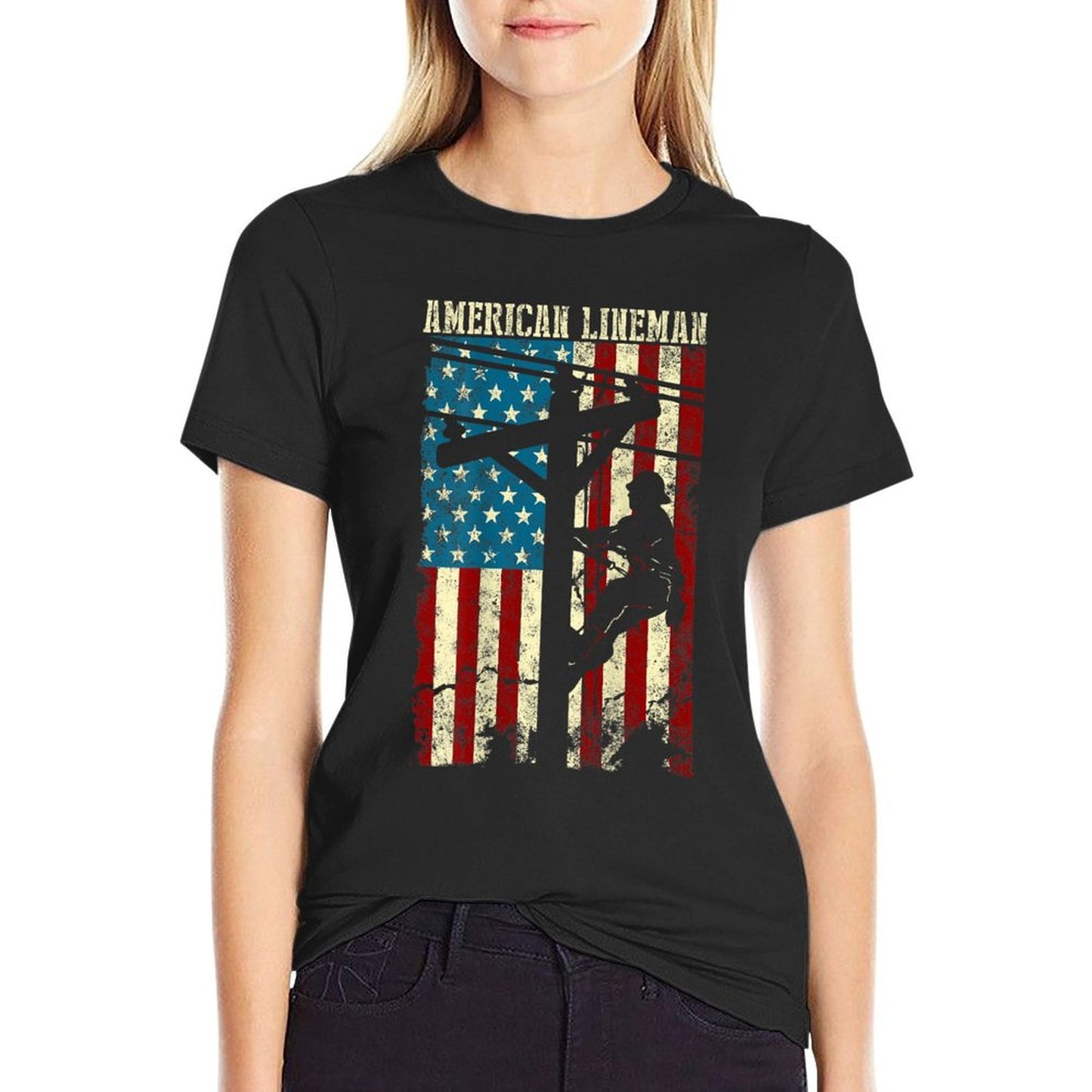 Lineman American Flag Electric Cable Patriotic Lineman T-Shirt