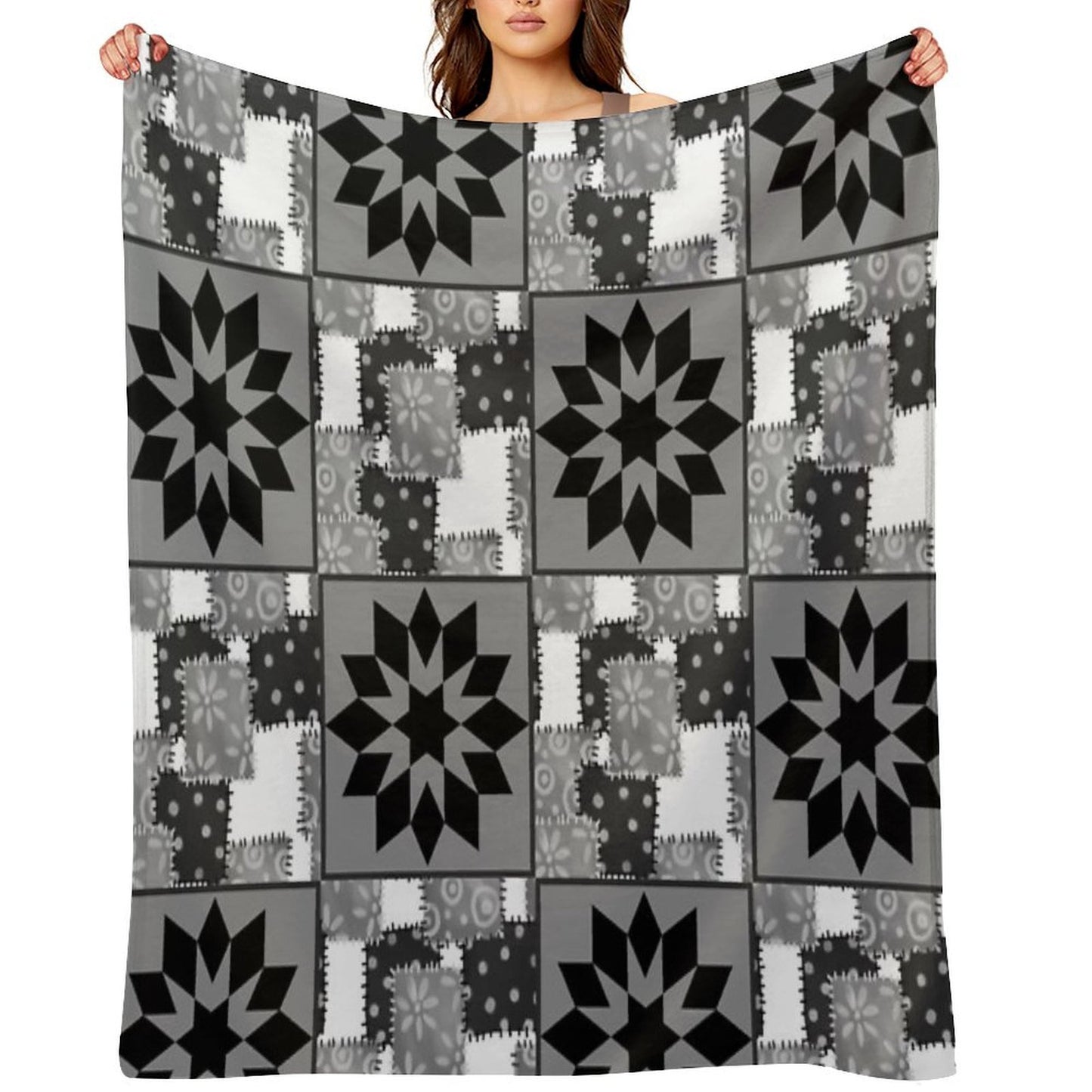Black And White Quilted Granny Squares Quilt Throw Blanket