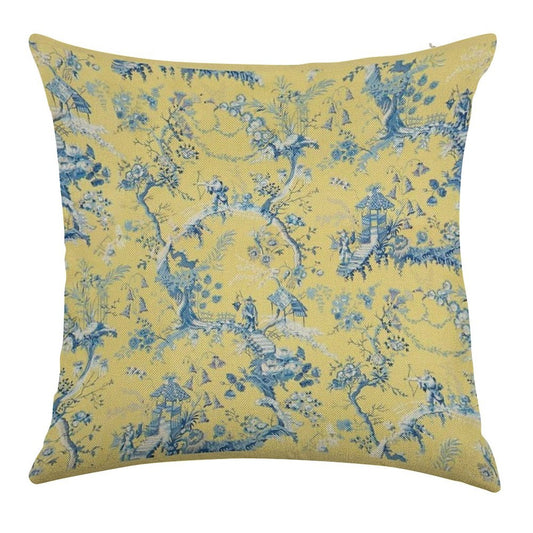 Blue And Yellow Toile Linen Throw Pillow Cover