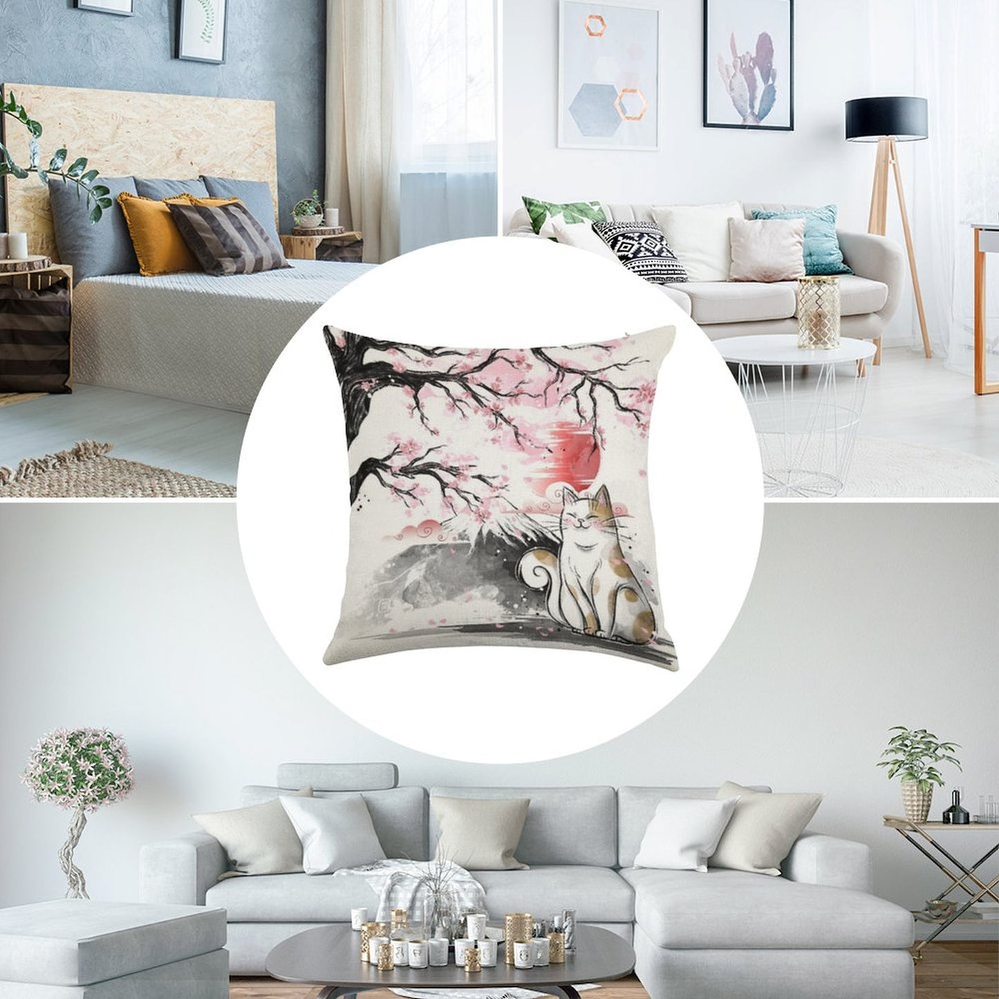 Sakura Cat Linen Throw Pillow Cover