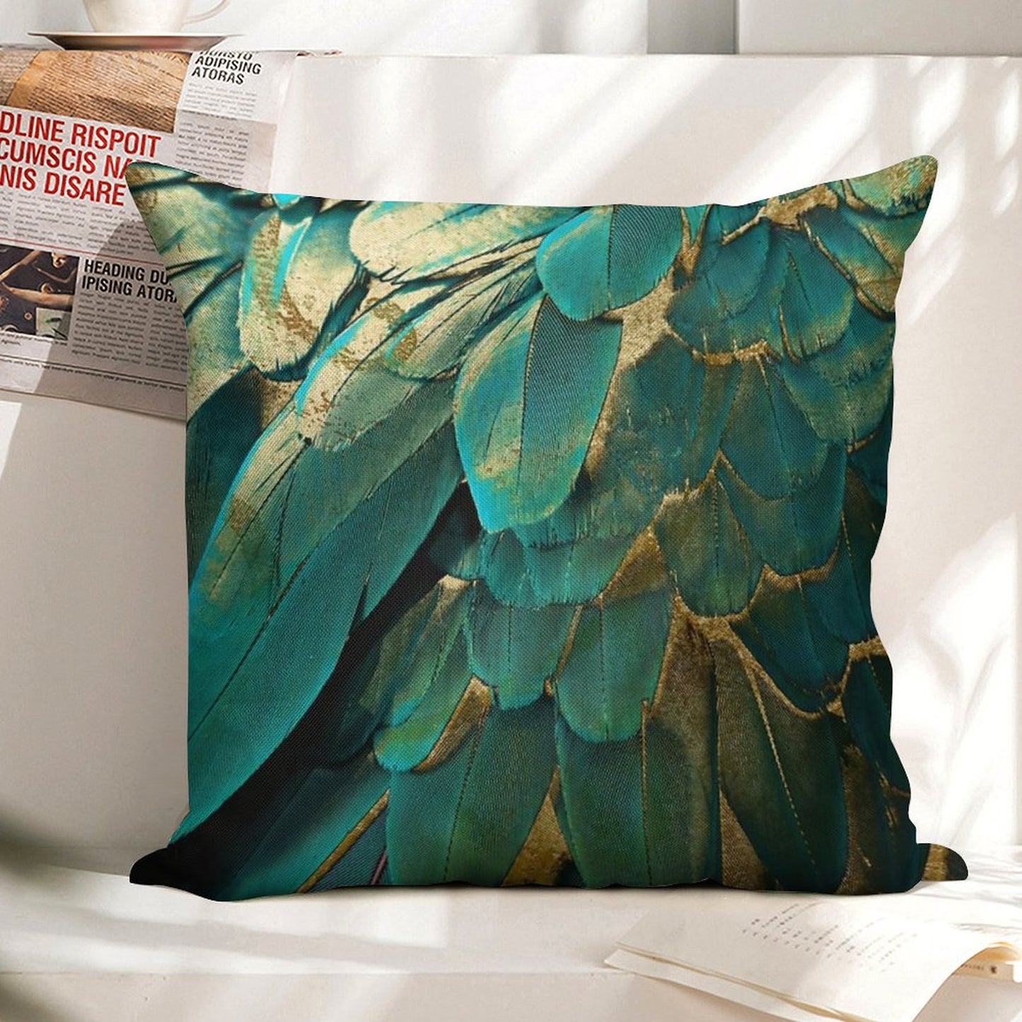 Feather Glitter Teal And Gold Linen Throw Pillow Cover