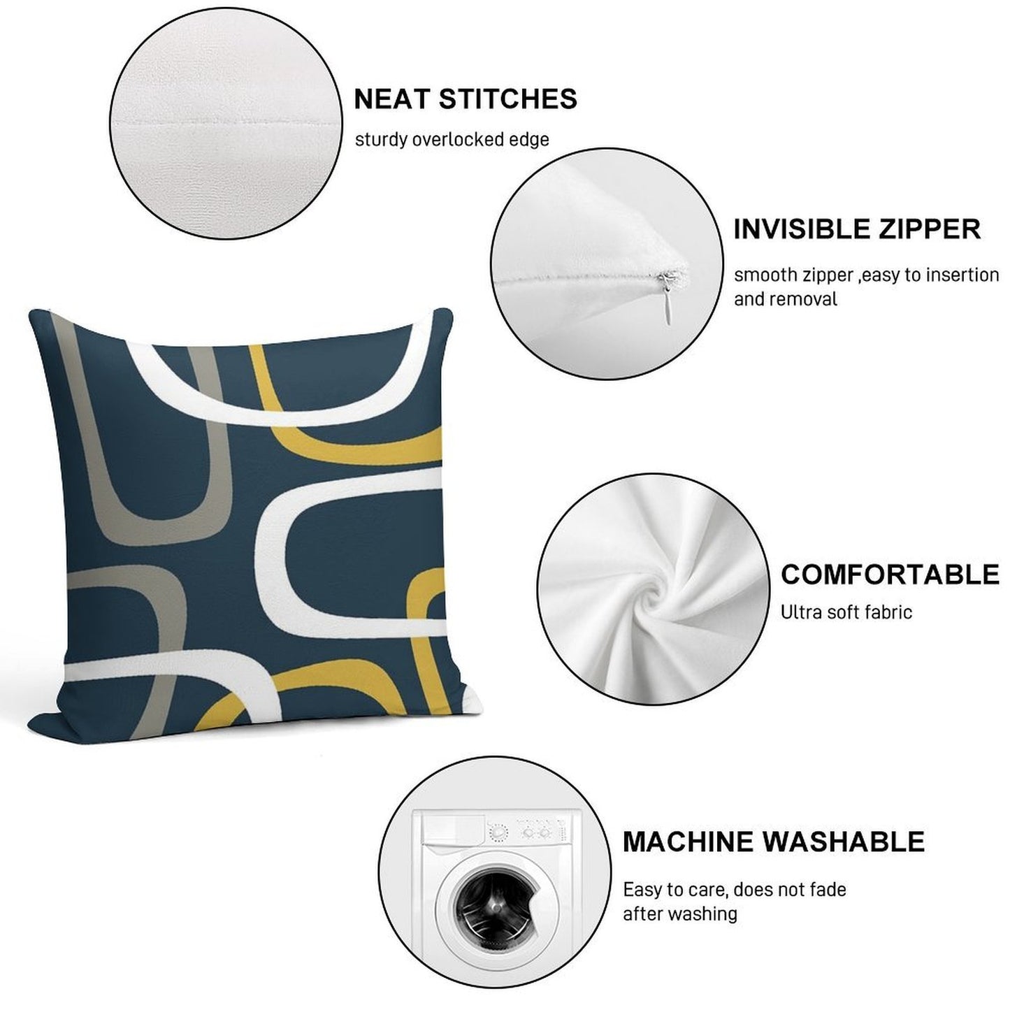 Midcentury Modern Loops Retro Pattern in Light Mustard, Grey, White, And Navy Blue Soft Anti-Pilling Throw Pillow