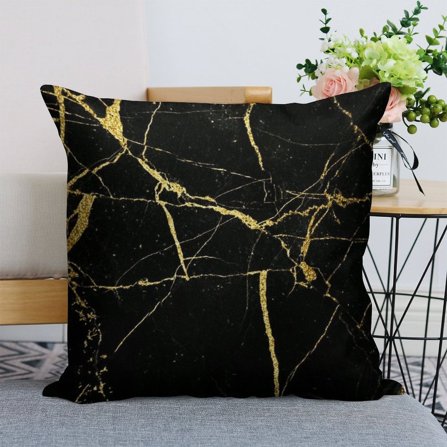 Luxe Black And Gold Marble Linen Throw Pillow Cover