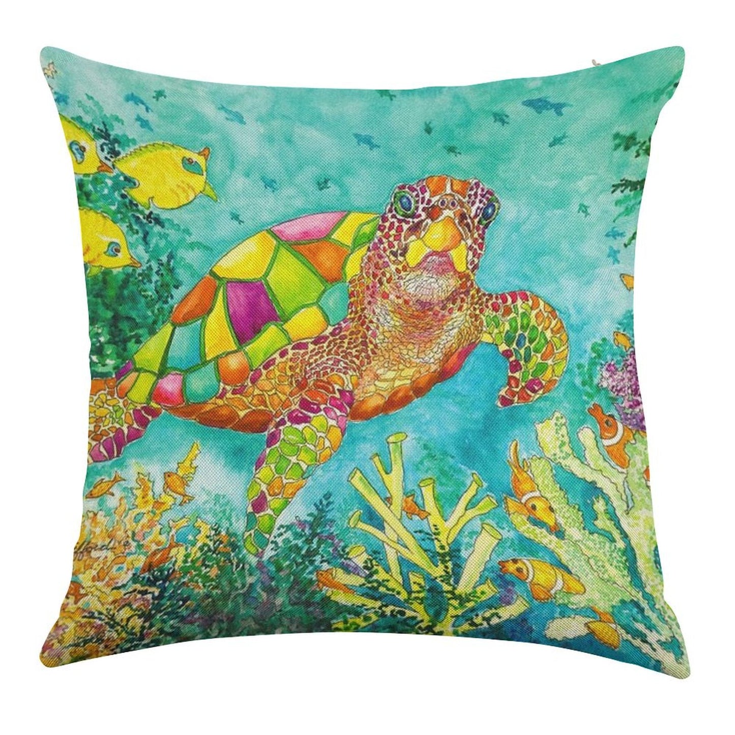 Colorful Watercolor Sea Turtle Linen Throw Pillow Cover