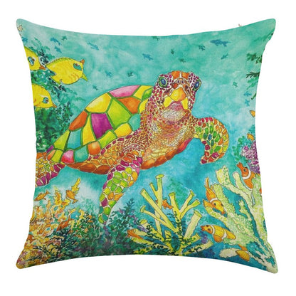 Colorful Watercolor Sea Turtle Linen Throw Pillow Cover