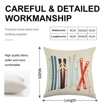 Colorful Retro Ski Illustration Linen Throw Pillow Cover
