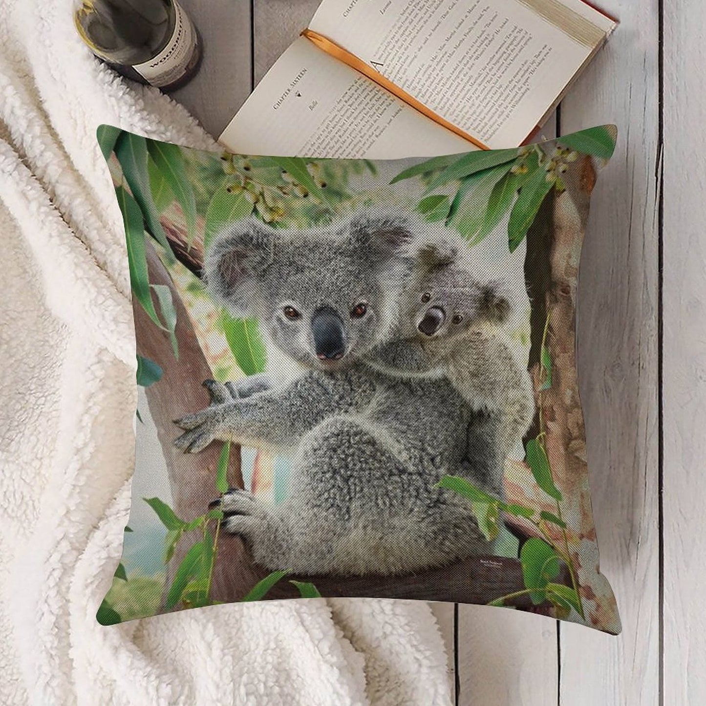 Koala Cuddles Linen Throw Pillow Cover