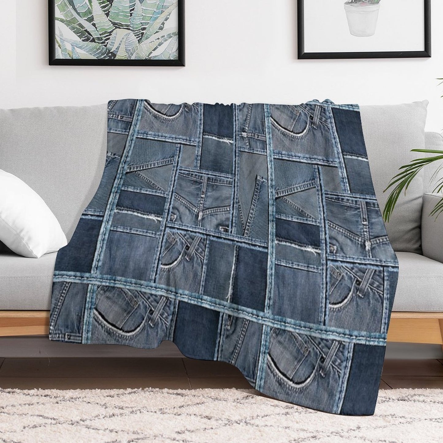 Blue Jeans Denim Patchwork Throw Blanket