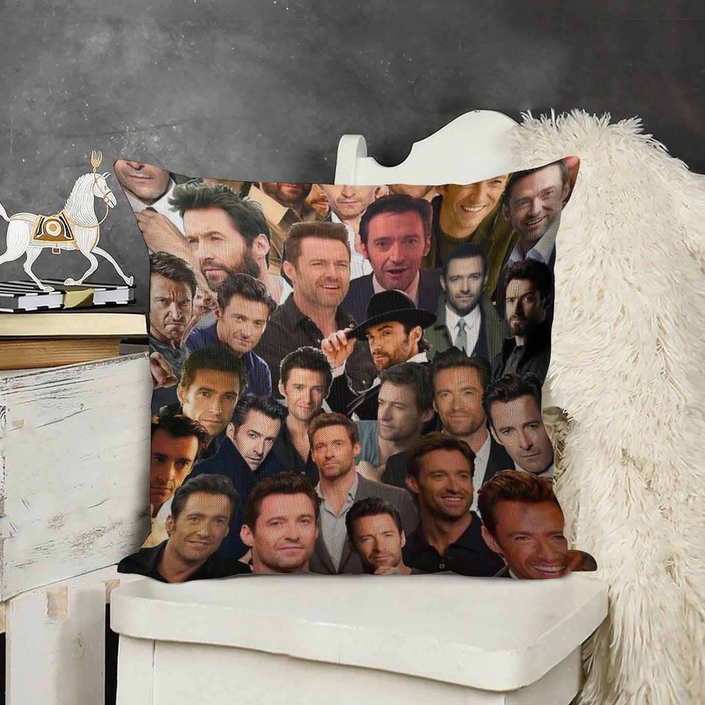 Hugh Jackman Photo Collage Linen Throw Pillow Cover