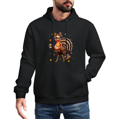 Leopard Turkey Drinking Coffee Thanksgiving Women Turkey Day Cotton-Polyester Blend Hoodie