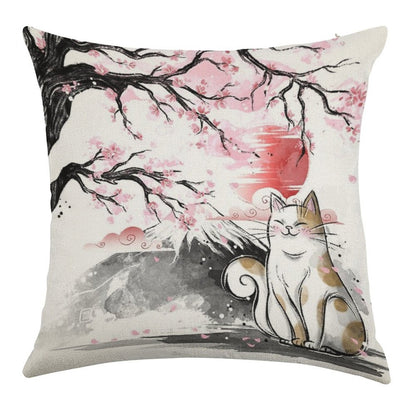 Sakura Cat Linen Throw Pillow Cover