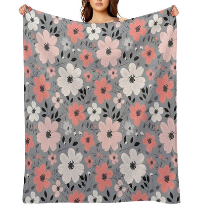 Pink Salmon White Grey Flowers Grey Background Pattern Throw Blanket