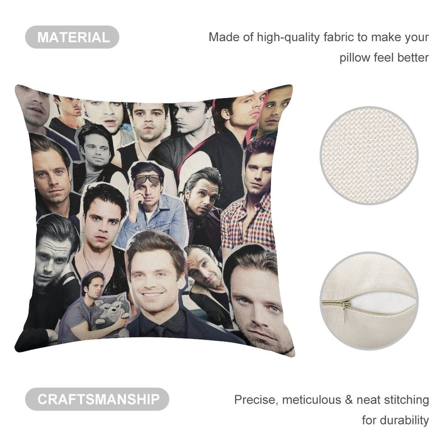 Sebastian Stan Collage Linen Throw Pillow Cover