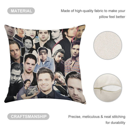 Sebastian Stan Collage Linen Throw Pillow Cover