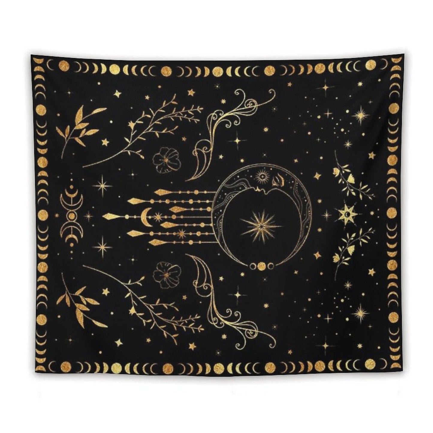 Celestial Crescent Moon with Floral Accents And Moon Phase Tapestry