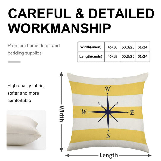 Navy Blue Compass On Mustard Yellow And White Stripes Linen Throw Pillow Cover