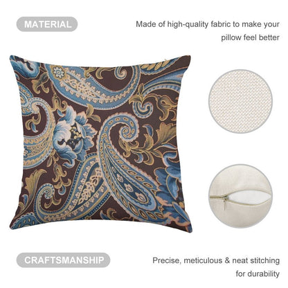 Blue Brown Vintage Paisley Linen Throw Pillow Cover