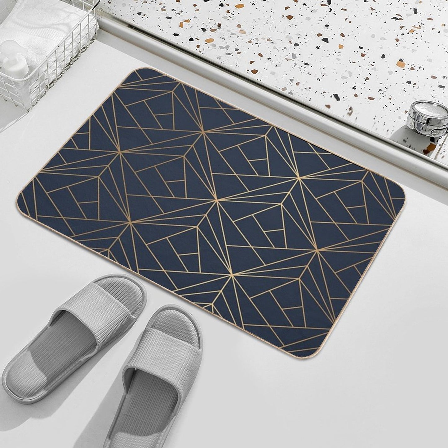Elegant Geometric Copper Navy Blue Bath Mat