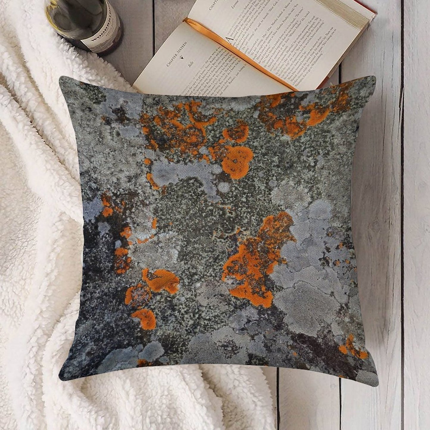 Orange And Grey Lichen Linen Throw Pillow Cover