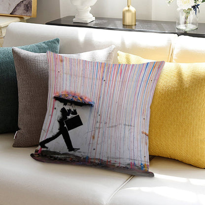 Banksy Umbrella Rainbow Happy Girl Soft Luxury Feel Throw Pillow