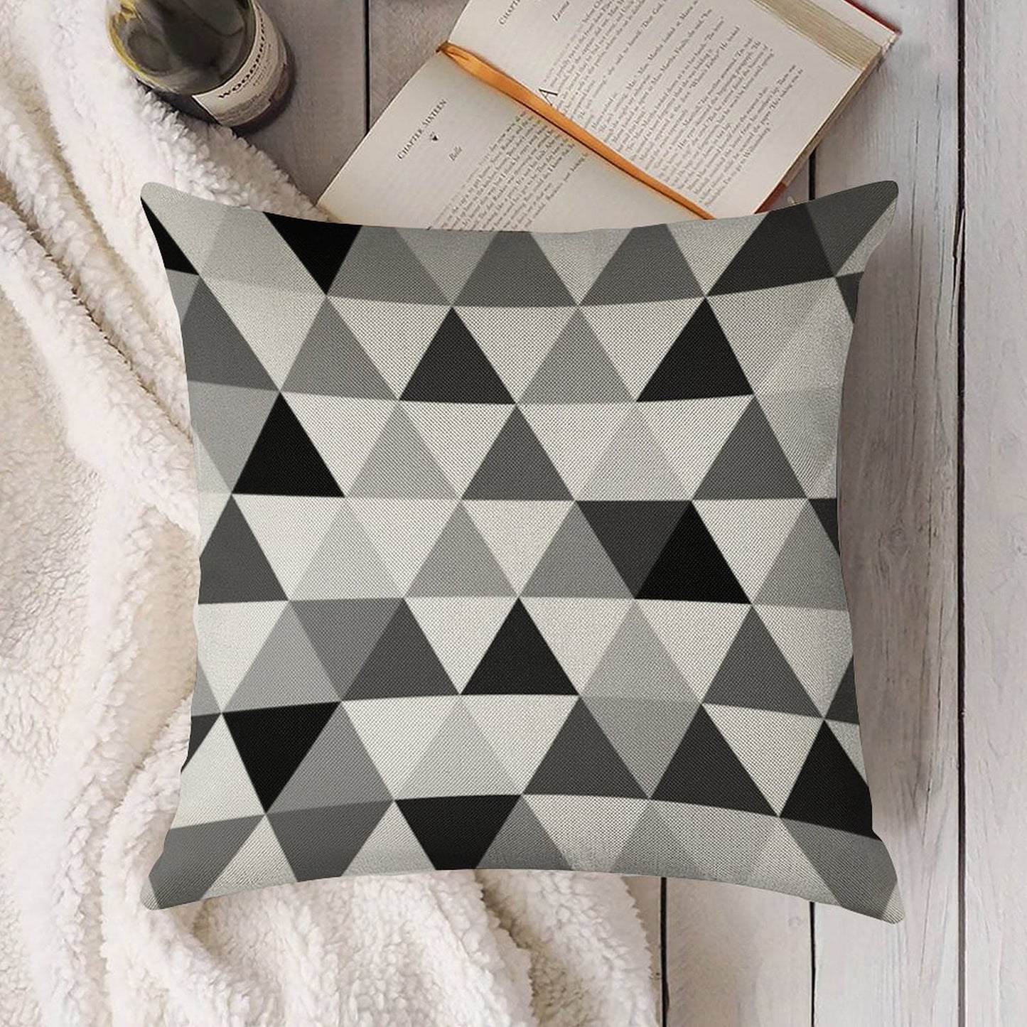 Triangles in Black, Grey And White Linen Throw Pillow Cover