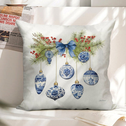 Blue Chinoiserie Christmas A Linen Throw Pillow Cover