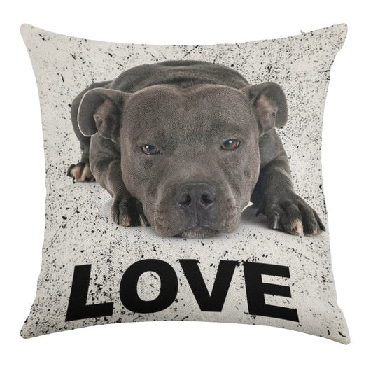 Love Is 4 Paws & Waggy Tail Blue Staffordshire Bull Terrier Linen Throw Pillow Cover