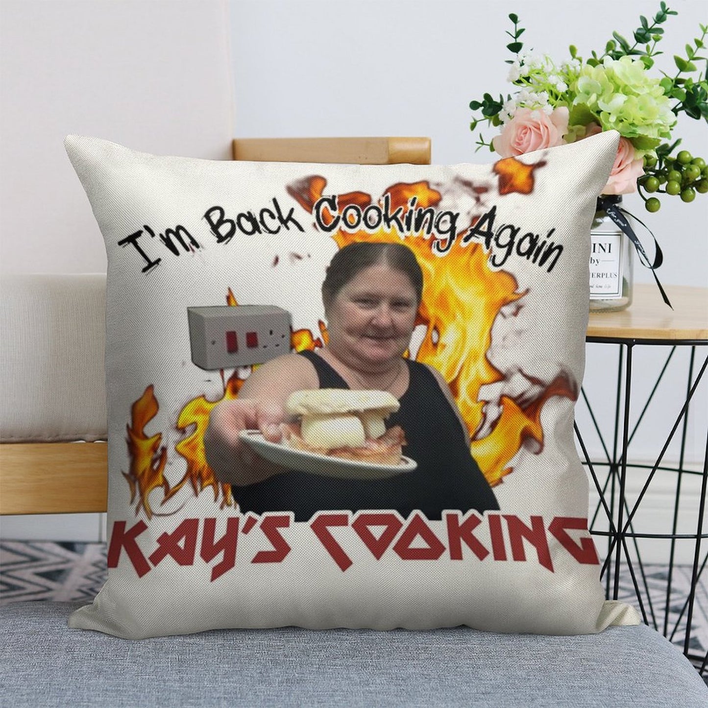 Kay's Cooking - I'm Back Cooking Again Linen Throw Pillow Cover