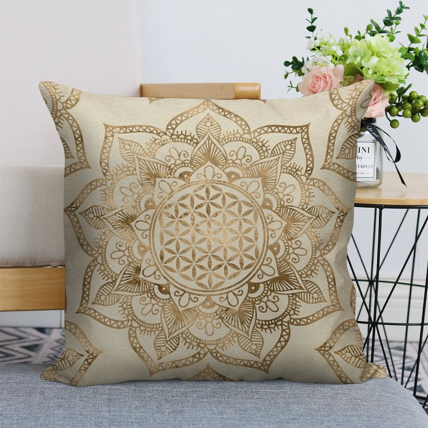 Flower of Life in Lotus - Pastel Golds And Canvas Linen Throw Pillow Cover