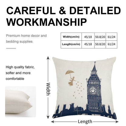 Mary Poppins And Big Ben Linocut Linen Throw Pillow Cover