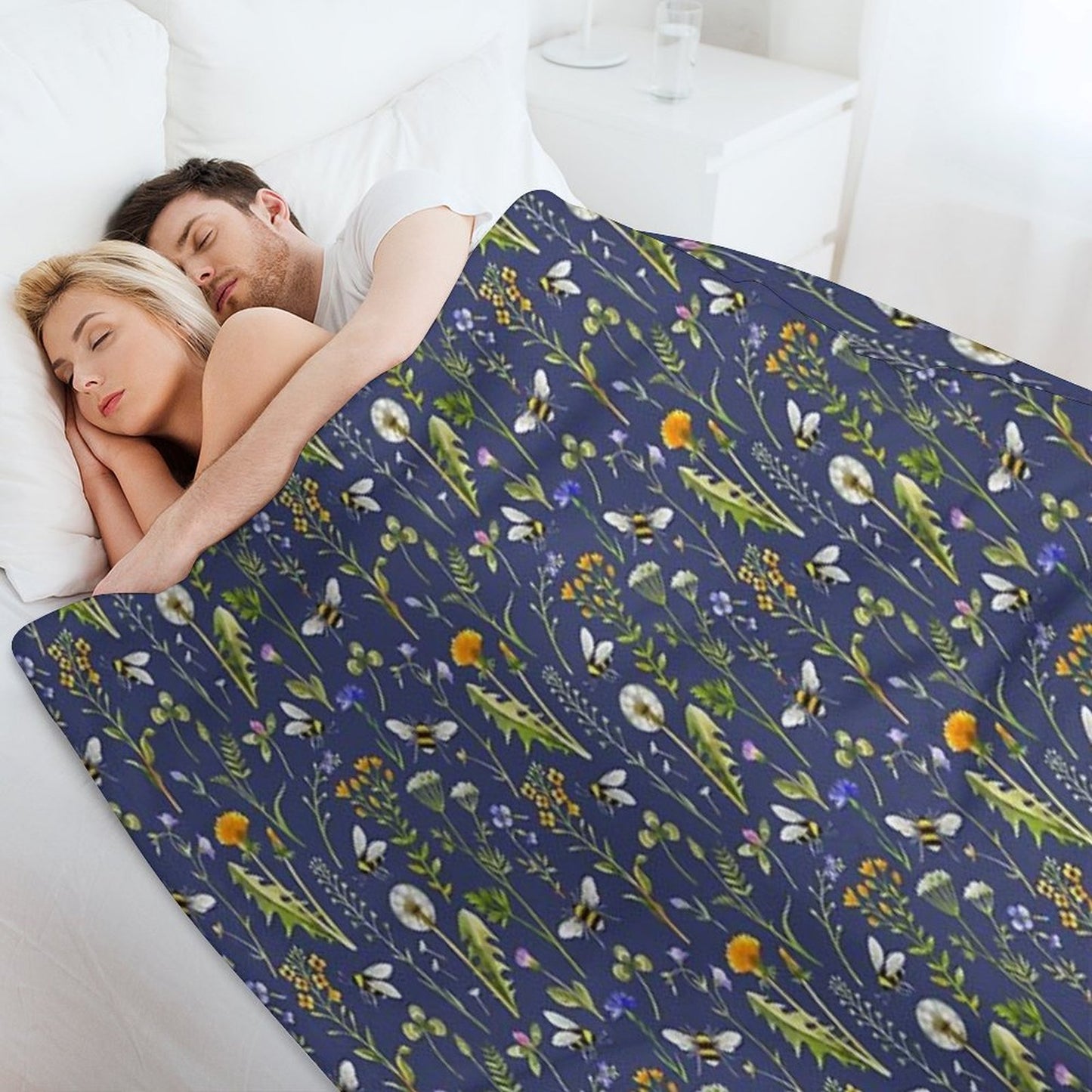 Bees And Wildflowers  Dark Blue Throw Blanket