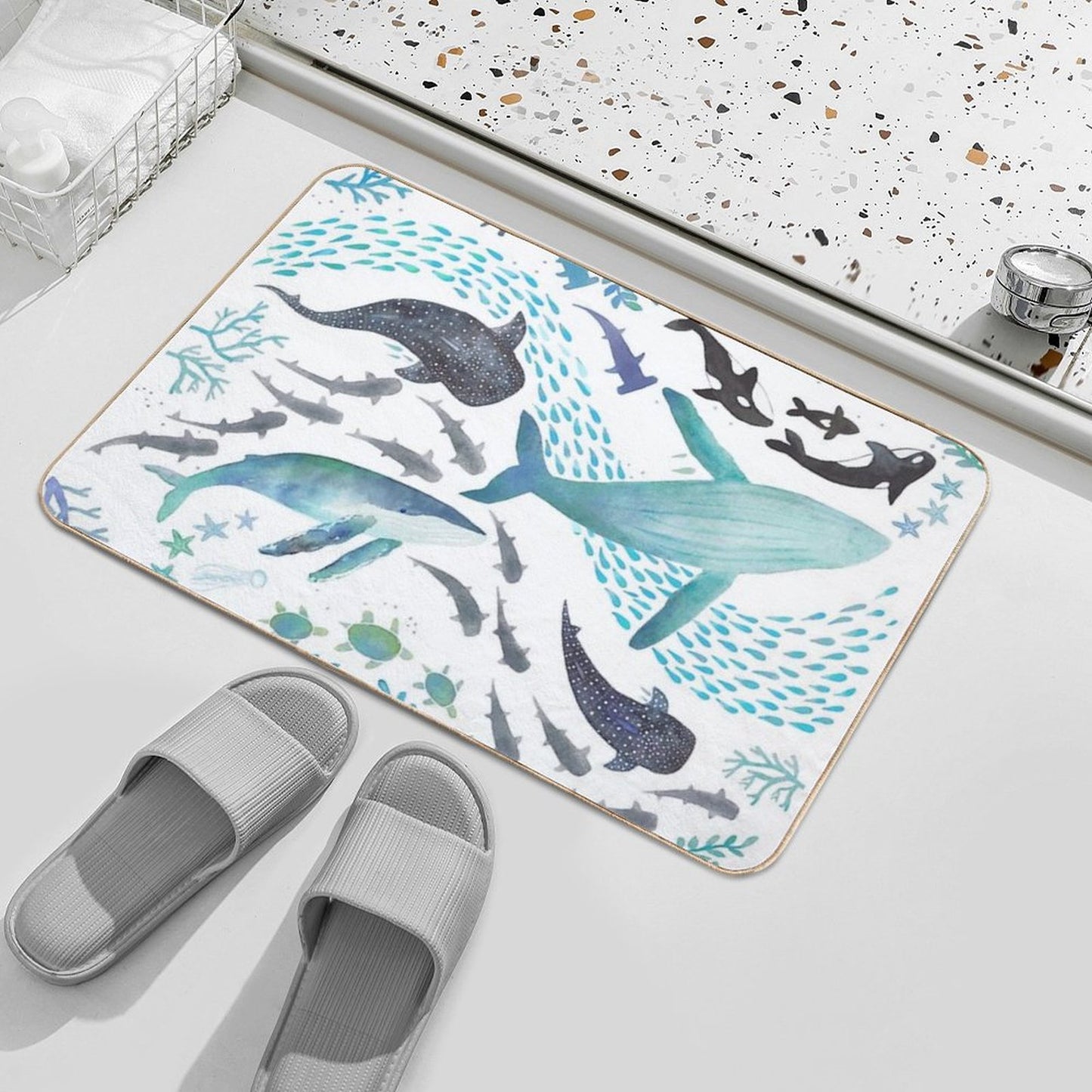 Sharks, Humpback Whales, Orcas & Turtles Ocean Play Print Bath Mat