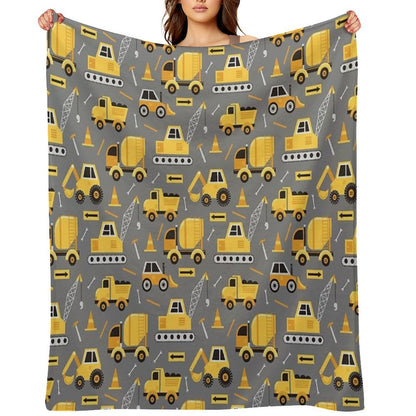 Construction Trucks on Gray Throw Blanket
