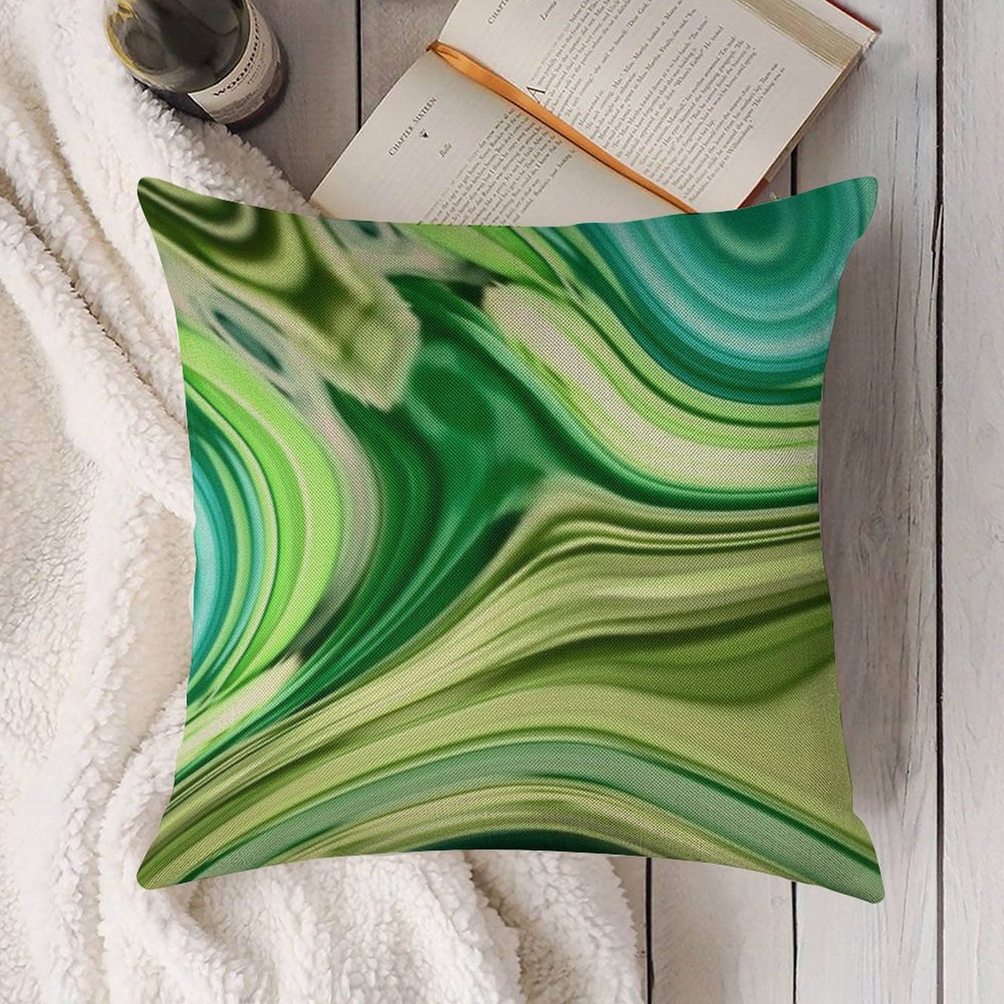 1980s Modern Abstract Turquoise Lime Green Marble Swirls Linen Throw Pillow Cover