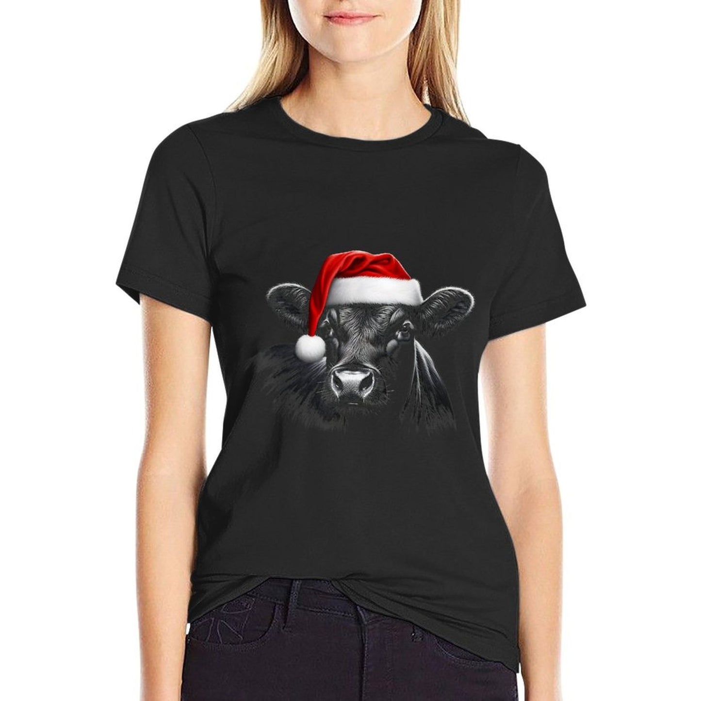 Angus Rancher Christmas Hat Cow Santa Hat Black  Tagless Design T-Shirt