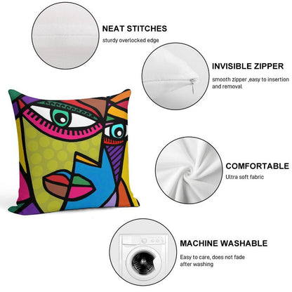 Funky Abstract Art Face with Dots And Stripes Soft Hidden Zipper Throw Pillow