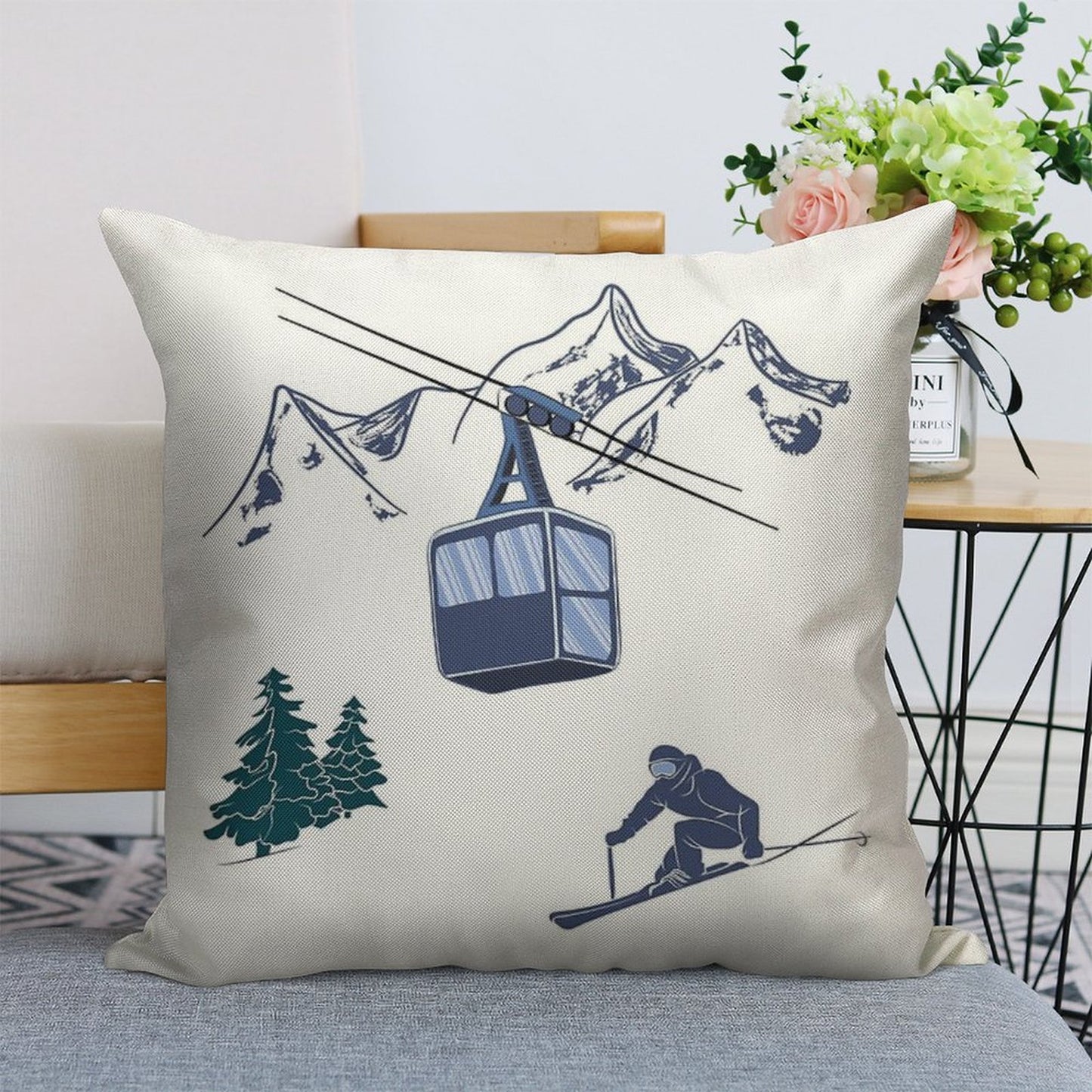 Ski Lift Resort Winter Sports Scene Linen Throw Pillow Cover