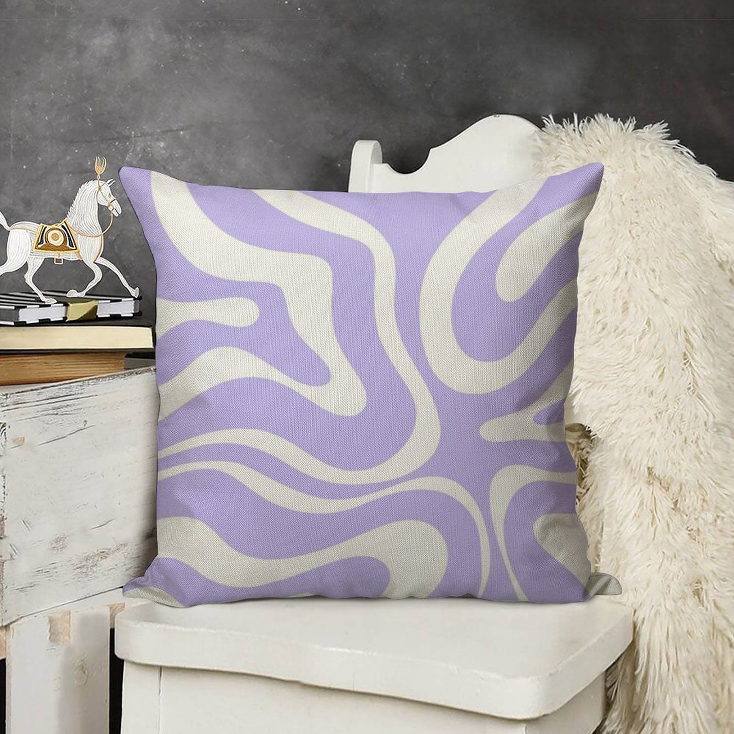 Retro Modern Liquid Swirl Abstract Pattern Square in Light Purple And White Linen Throw Pillow Cover