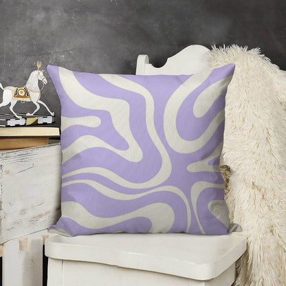 Retro Modern Liquid Swirl Abstract Pattern Square in Light Purple And White Linen Throw Pillow Cover
