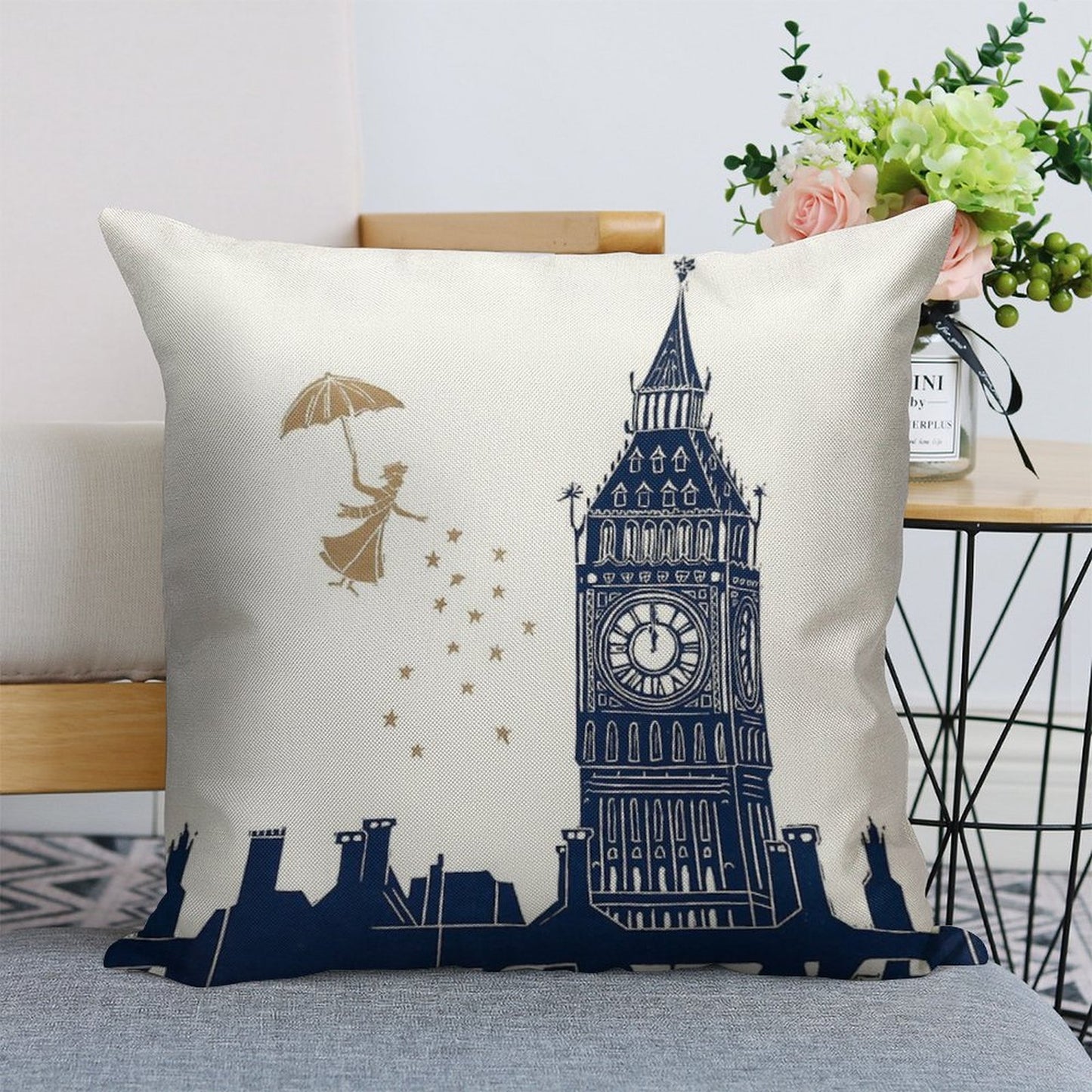 Mary Poppins And Big Ben Linocut Linen Throw Pillow Cover
