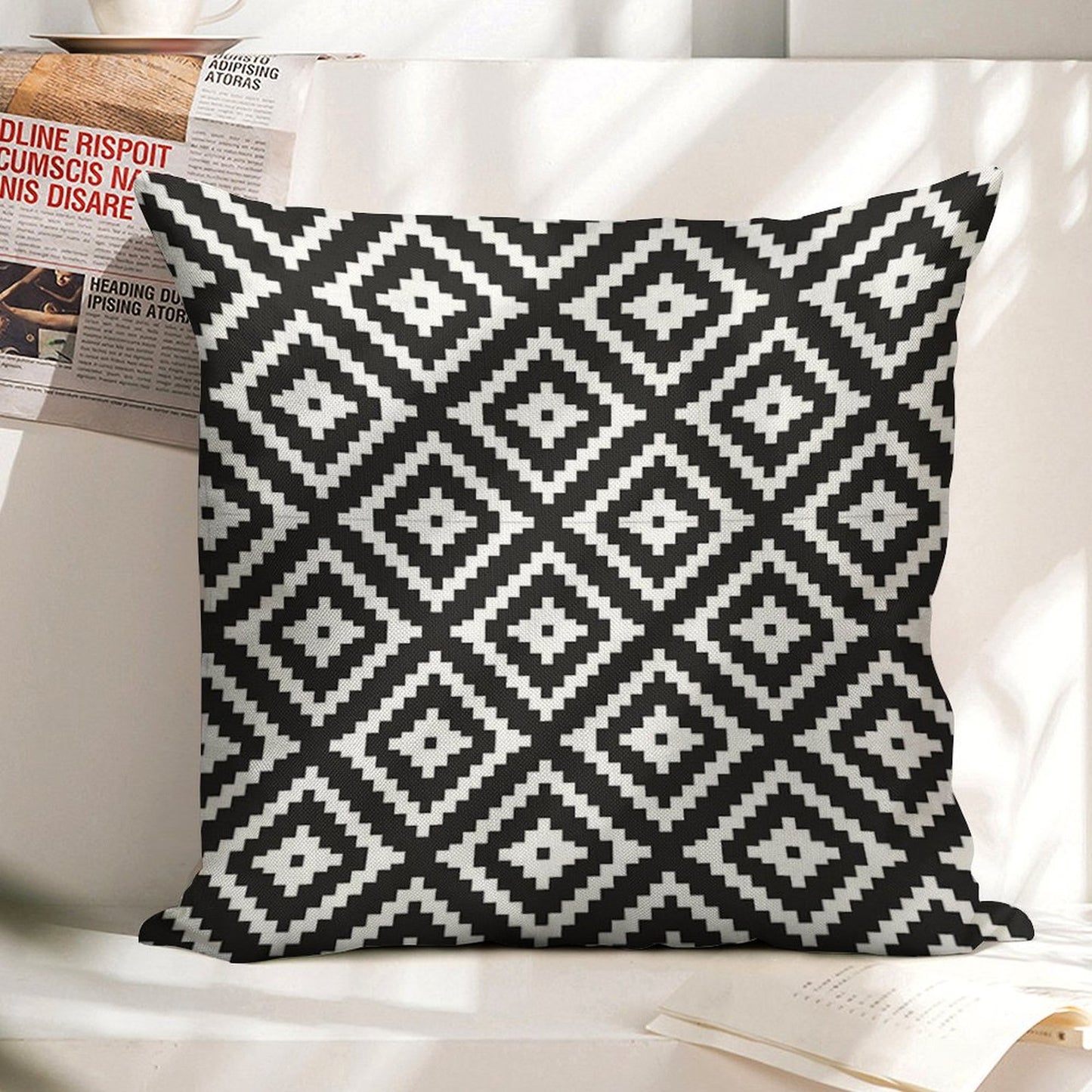 Aztec - White on Black Linen Throw Pillow Cover