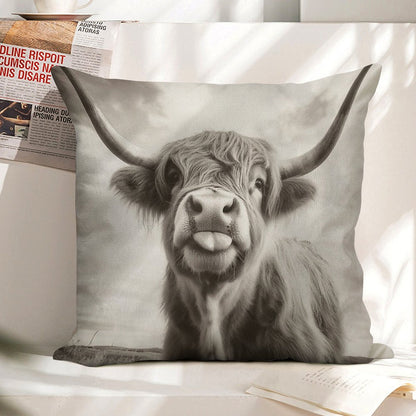 Cheeky Highland Cow Linen Throw Pillow Cover