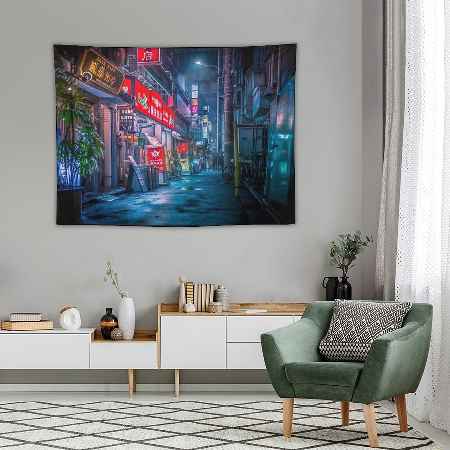Heavy Rain Over Neo Tokyo Tapestry