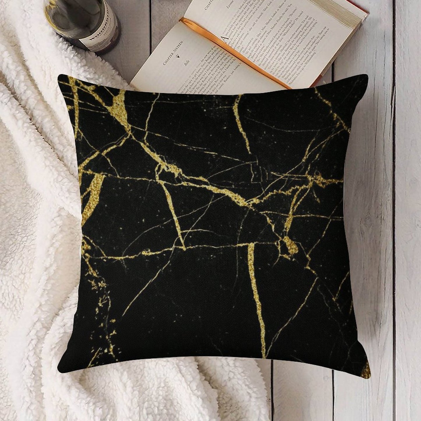 Luxe Black And Gold Marble Linen Throw Pillow Cover