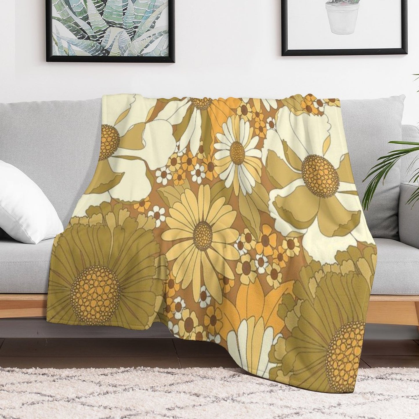 Brown, Orange, Ivory & Green Vintage Flower Pattern Throw Blanket