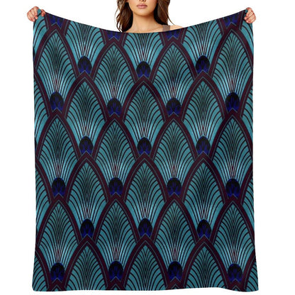 Art Deco Sunburst Fan in Metallic Blue Throw Blanket