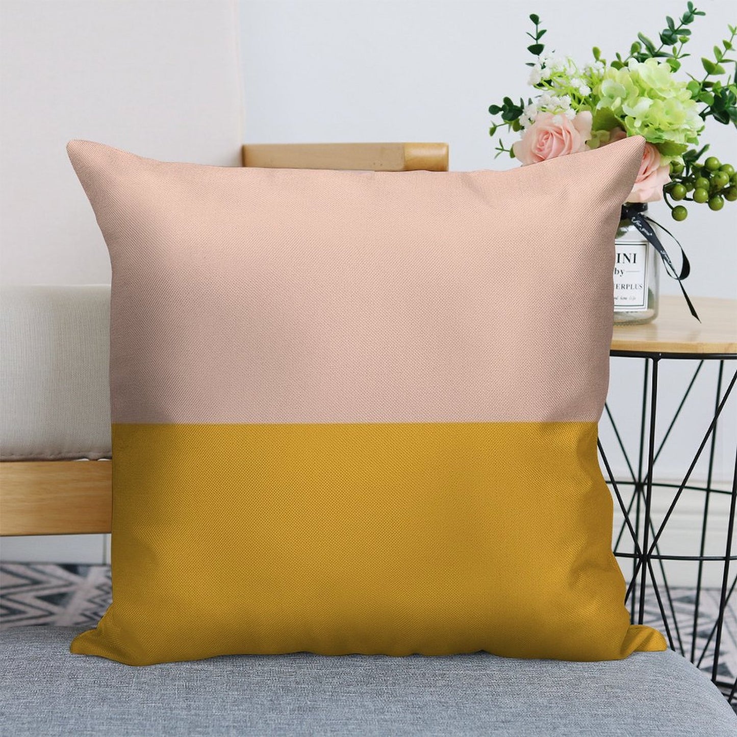 Blush Pink And Mustard Yellow Minimalist Color Block 2 Linen Throw Pillow Cover